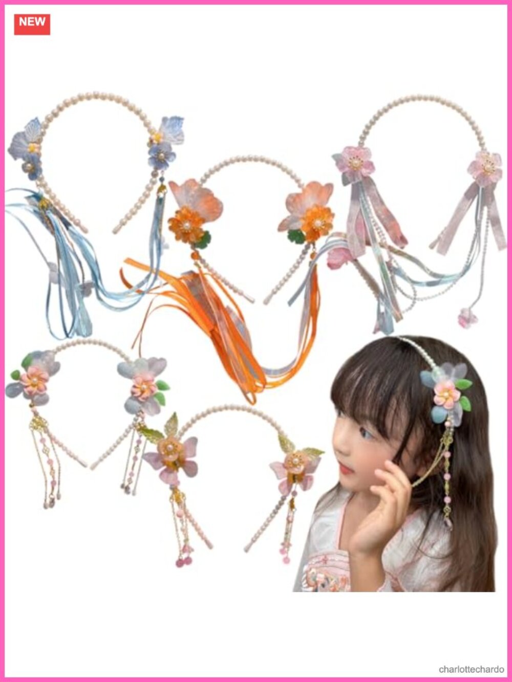 Chinese Hanfu Hair Crown Clips Long Tassel Headband Set for Girls
